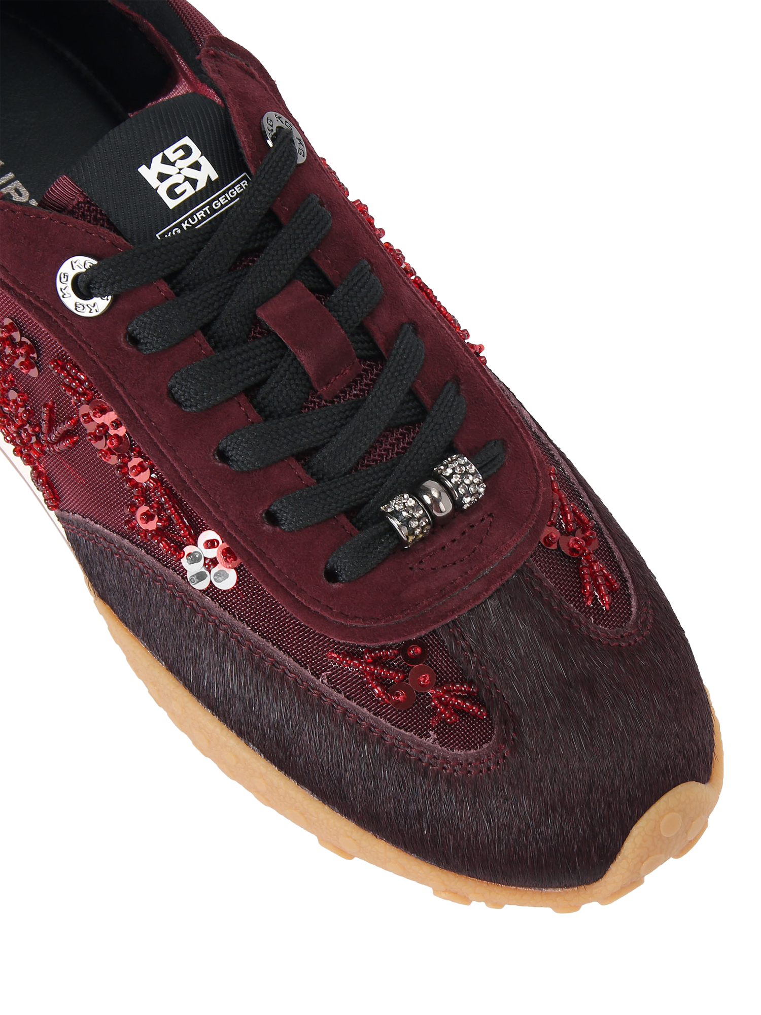 Product image 5 of 5, which shows KG Kurt Geiger Lavender Suede Beaded Trainers, Red Wine, 3