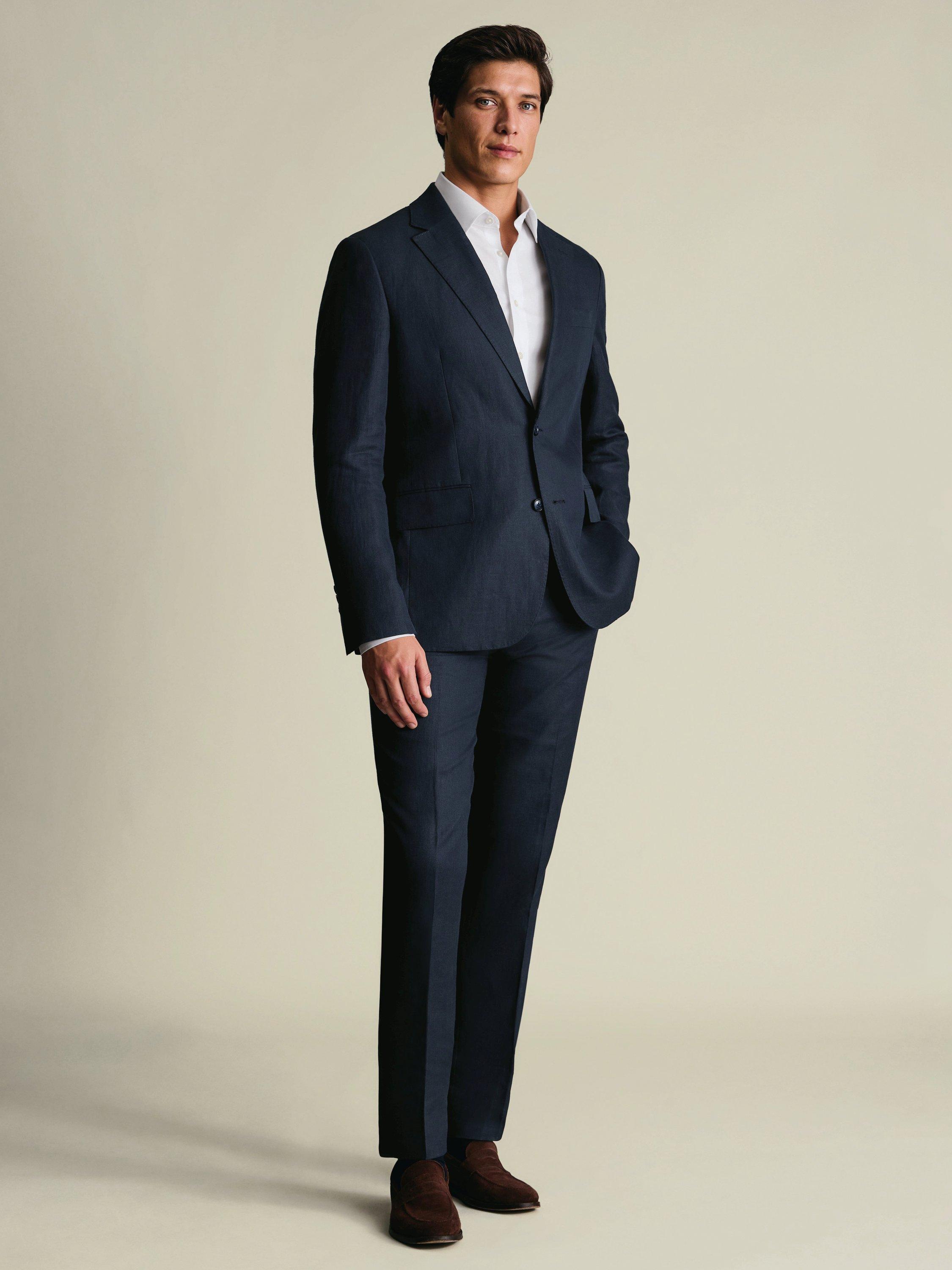 Product image 2 of 4, which shows Charles Tyrwhitt Regular Fit Linen Suit Trousers, Navy, 30S