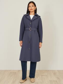 Yumi Belted Long Trench Coat, Navy - view 2, Navy