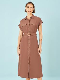 Yumi Belted Shirt Midi Dress, Brown, Brown