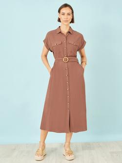 Yumi Belted Shirt Midi Dress, Brown - view 2, Brown