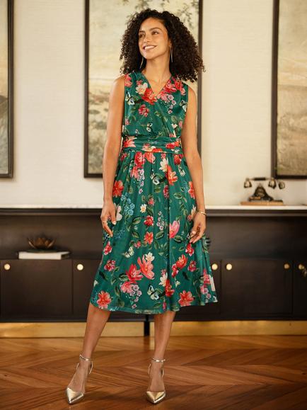 Yumi Blurred Floral Midi Dress, Green/Multi