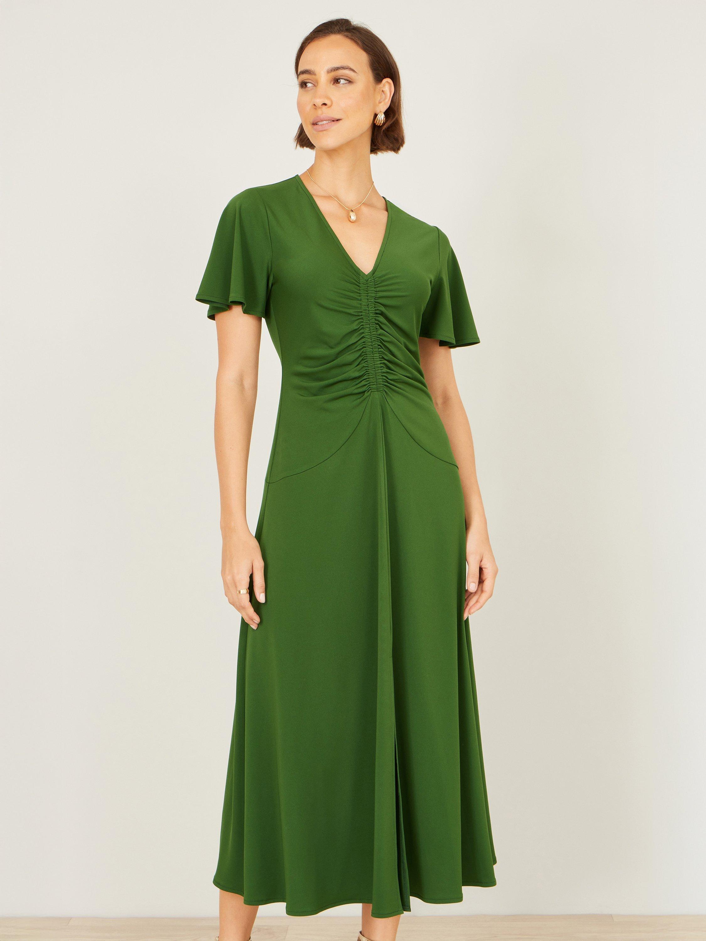 ruched short sleeve loose green midi dress Green Short Sleeve Texture Ruched Midi Dress