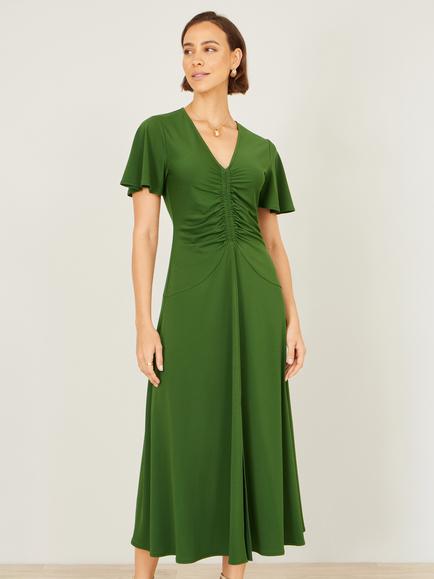 Yumi Ruched Short Sleeve Midi Dress, Green
