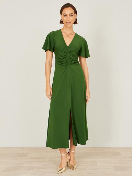 Yumi Ruched Short Sleeve Midi Dress - view 2, Green
