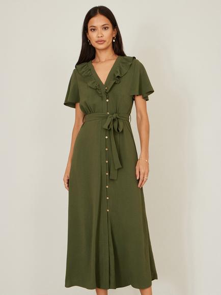 Yumi Ruffle Collar Shirt Midi Dress, Green, Green