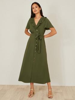 Yumi Ruffle Collar Shirt Midi Dress, Green - view 2, Green
