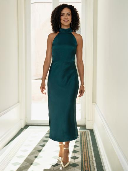 Yumi Halterneck Satin Midi Dress, Green