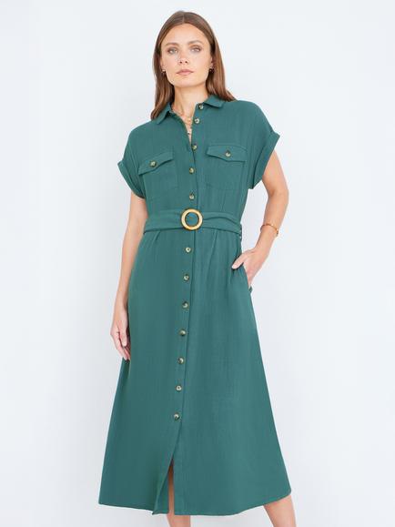 Yumi Belted Shirt Midi Dress, Teal
