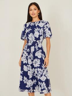 Yumi Floral Stretch Mesh Midi Dress, Navy/White, Navy/White