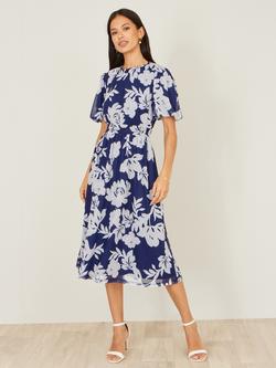 Yumi Floral Stretch Mesh Midi Dress, Navy/White - view 2, Navy/White