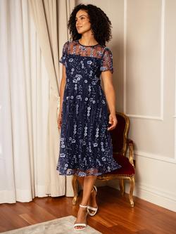 Yumi Embroidered Mesh Midi Dress, Navy - view 2, Navy