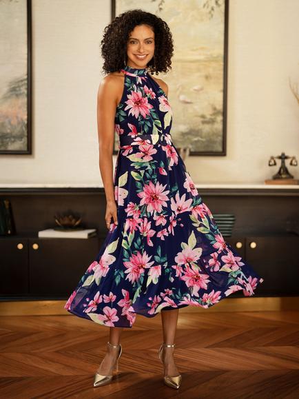 Yumi Floral Halterneck Midi Dress, Navy/Multi