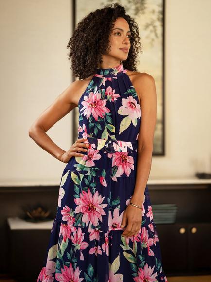 Yumi Floral Halterneck Midi Dress - view 2, Navy/Multi