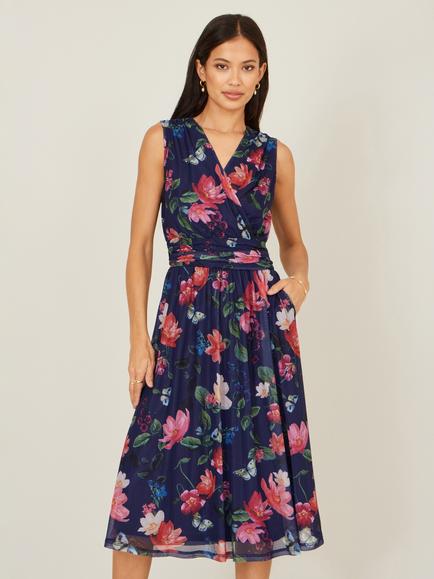 Yumi Blurred Floral Midi Dress, Navy/Multi