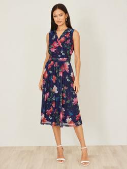 Yumi Blurred Floral Mesh Stretch Midi Dress, Navy/Multi - view 2, Navy/Multi