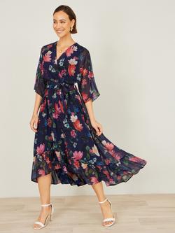 Yumi Floral Kimono Wrap Dress, Navy/Multi - view 2, Navy/Multi