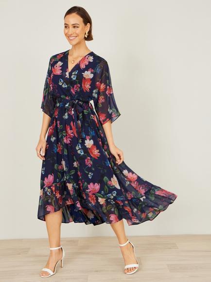 Yumi Floral Kimono Wrap Dress - view 2, Navy/Multi