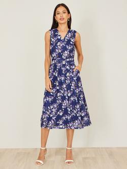 Yumi Blossom Floral Mesh Stretch Midi Dress, Navy/Multi - view 2, Navy/Multi