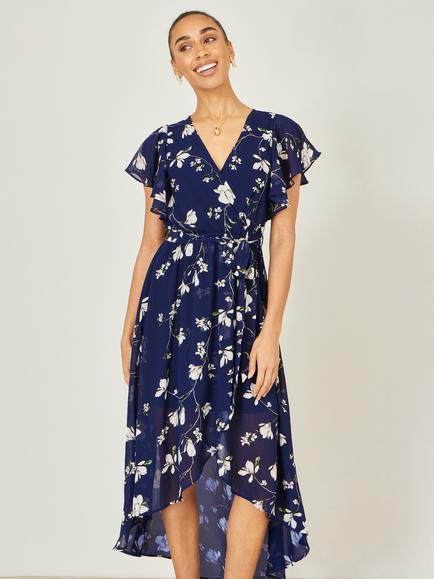 Yumi Floral Frill Hem Wrap Midi Dress, Navy/Multi