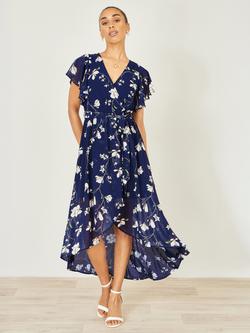 Yumi Floral Frill Hem Wrap Midi Dress, Navy/Multi - view 2, Navy/Multi