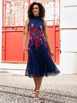 Yumi Floral Pleated Midi Dress, Navy/Multi, Navy/Multi