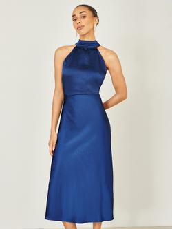 Yumi Halterneck Satin Midi Dress, Navy