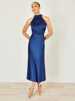 Yumi Halterneck Satin Midi Dress - view 2, Navy