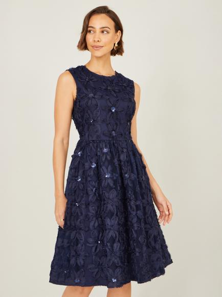 Yumi Sequin Floral Skater Dress, Navy, Navy
