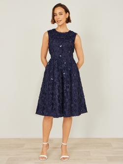 Yumi Sequin Floral Skater Dress, Navy - view 2, Navy
