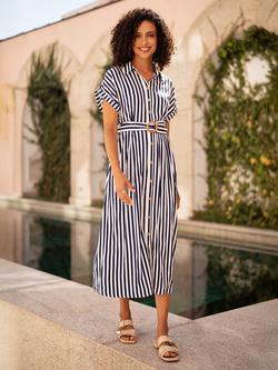Yumi Stripe Belted Shirt Midi Dress, Navy/White
