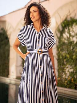 Yumi Stripe Belted Shirt Midi Dress - view 2, Navy/White