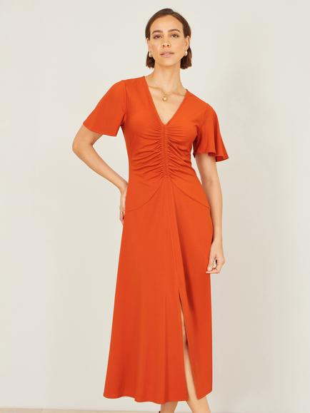 Yumi Ruched Short Sleeve Midi Dress, Orange