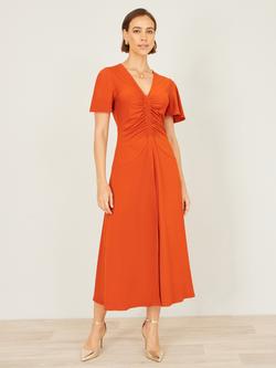 Yumi Ruched Short Sleeve Midi Dress - view 2, Orange