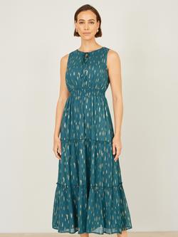 Yumi Foil Print Ruched Waist Midi Dress, Teal/Gold, Teal/Gold