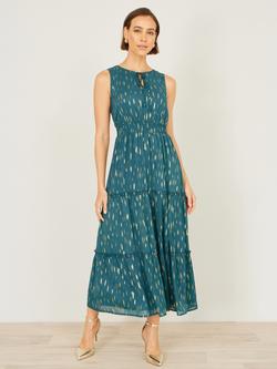 Yumi Foil Print Ruched Waist Midi Dress, Teal/Gold - view 2, Teal/Gold