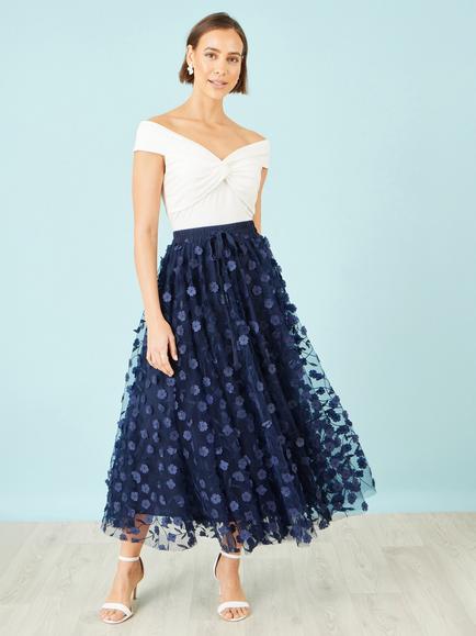 Yumi Mesh Floral Applique Midi Skirt, Navy