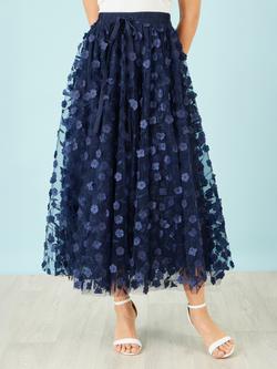 Yumi Mesh Floral Applique Midi Skirt, Navy - view 2, Navy