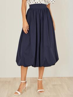 Yumi Bubble Hem Satin Midi Skirt, Navy - view 2, Navy