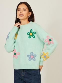 Yumi Embroidered Flowers Relaxed Fit Jumper, Green/Multi