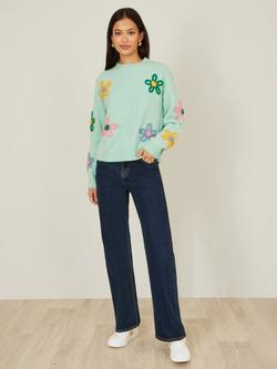 Yumi Embroidered Flowers Relaxed Fit Jumper - view 2, Green/Multi