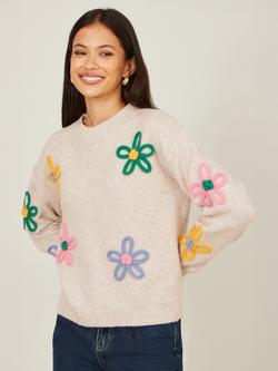 Yumi Embroidered Flowers Relaxed Fit Jumper, Oatmeal/Multi