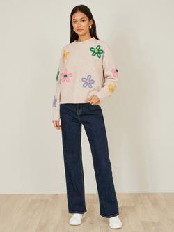 Yumi Embroidered Flowers Relaxed Fit Jumper - view 2, Oatmeal/Multi