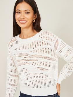 Yumi Round Neck Pointelle Knit Jumper, White, White