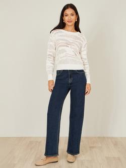 Yumi Round Neck Pointelle Knit Jumper, White - view 2, White
