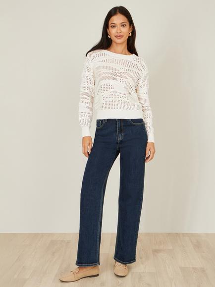 Yumi Round Neck Pointelle Knit Jumper, White - view 2, White