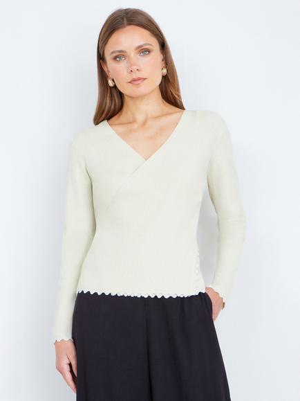 Yumi Metallic Knit Wrap Top, Ivory, Ivory