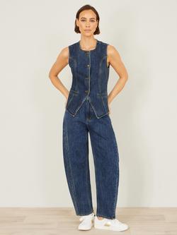 Yumi Stretch Denim Peplum Hem Waistcoat, Blue - view 2, Blue