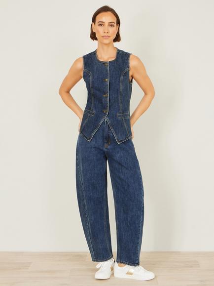 Yumi Stretch Denim Peplum Hem Waistcoat, Blue - view 2, Blue