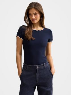 Forever New Rebecca Scallop Trim T-Shirt, Navy/Porcelain, Navy/Porcelain